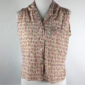 Vintage cream and pink Egyptian pattern top. 1960s 1970s New Era Peter Pan top S